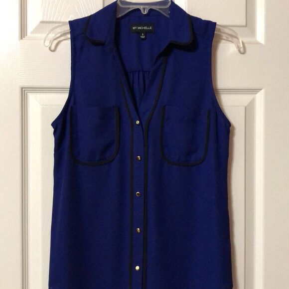 NWOT! MY MICHELLE Navy Blue with Black Trim Button Down Bouse Size Small - Picture 1 of 6